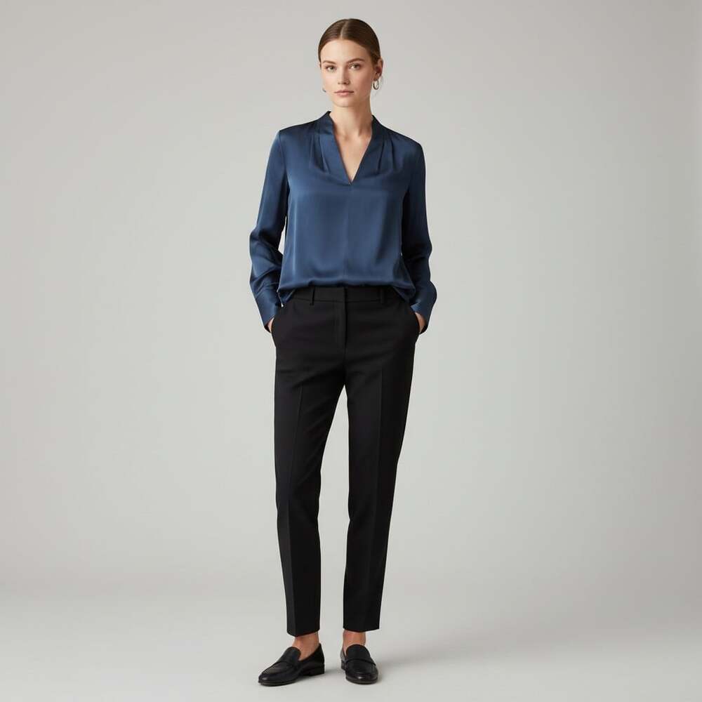 Elie Tahari 100% Silk Navy V-Neck Blouse Long Sleeve Button Cuff Women's M
